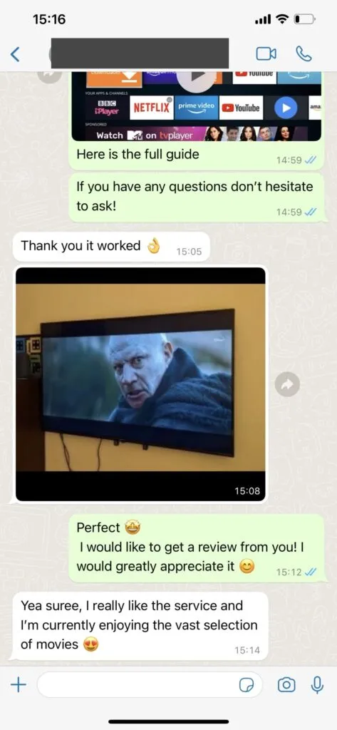 Screenshot of customer activation via WhatsApp